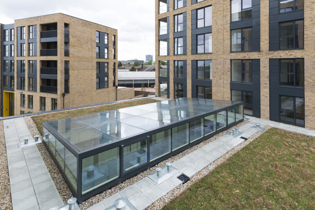 Modern apartment blocks with a rooftop area featuring structural atria glazing, surrounded by paving slabs and patches of green vegetation.
