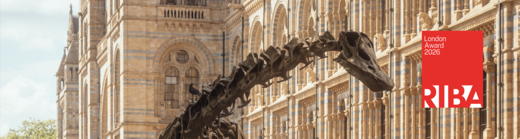 A dinosaur skeleton display in front of an historic building, with a red RIBA London Award 2026 logo on the right side.