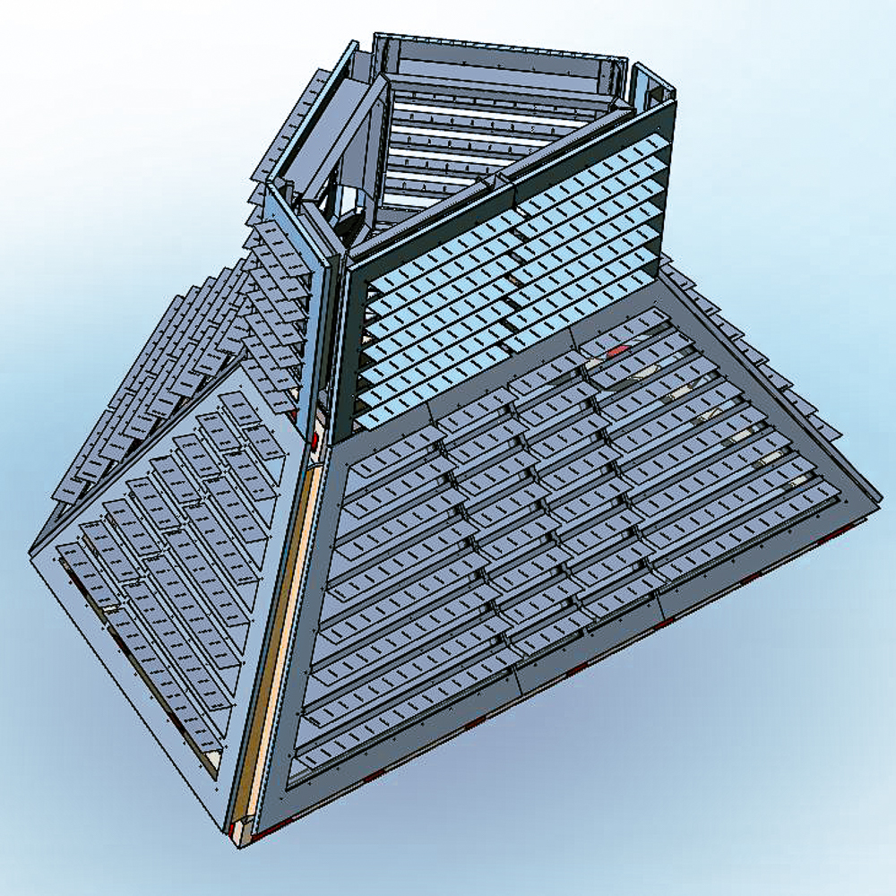 3D model of a modern, pyramid-shaped building with a flat top and grid-like windows, shown from an elevated angle against a light blue background.