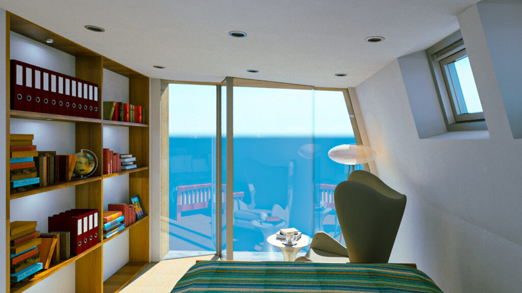 A cozy room with a bed, bookshelf, and armchair by a window. Books and files are neatly arranged on the shelves. Natural light fills the room through a large window with a view.