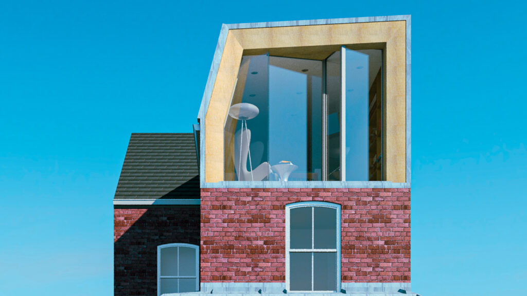 Brick building with a modern glass extension featuring large windows and a minimalist interior, set against a clear blue sky.