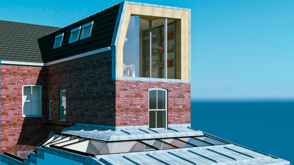 A modern glass-walled extension on a brick building with a view of the sea in the background.