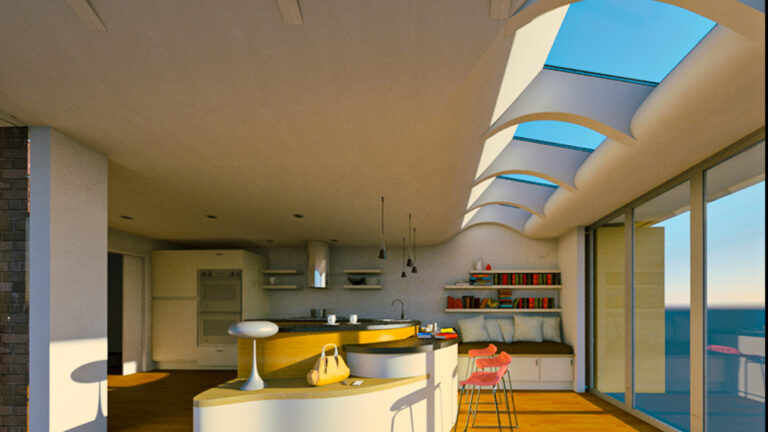 Modern kitchen with curved island, overhead skylights, and wooden floors. Includes bar stools, built-in shelves with books, and a view of the ocean through large glass windows.