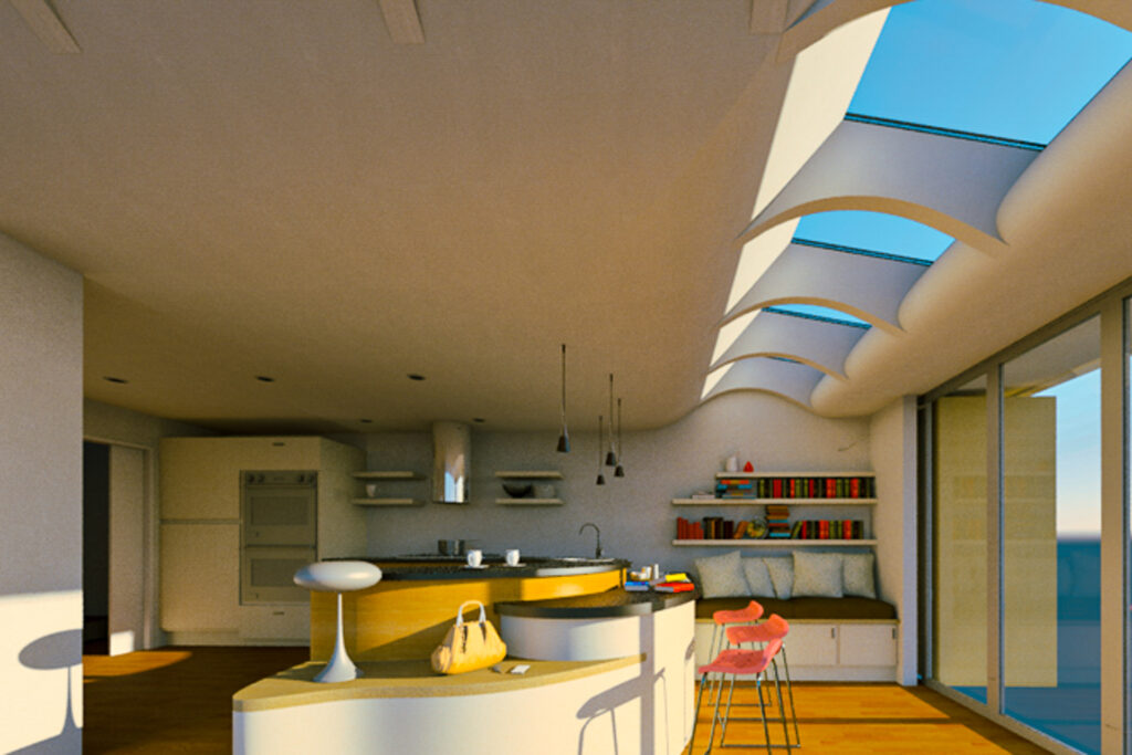 Modern kitchen with curved ceiling, opening vent rooflights, built-in shelves, island worktop, red chair, and glass doors letting in natural light.