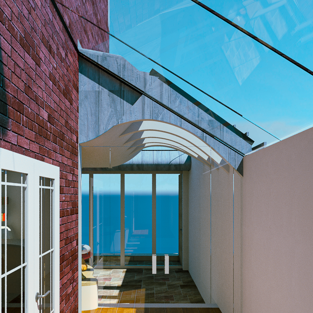 Interior view of a modern room with glass ceiling, red brick wall, and large windows overlooking a blue sky and sea.