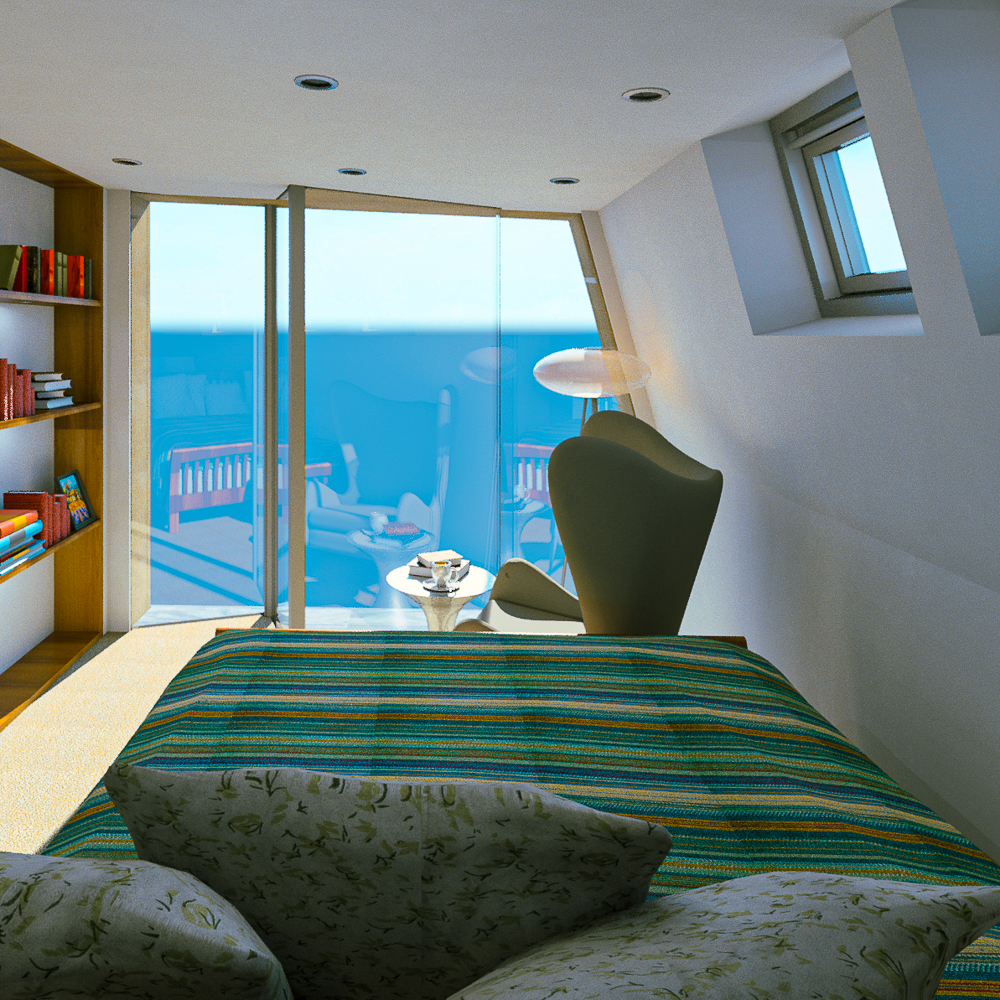 Modern bedroom with a large window view of the ocean, bookshelf, green chair, side table with teacups, and a patterned bedspread.
