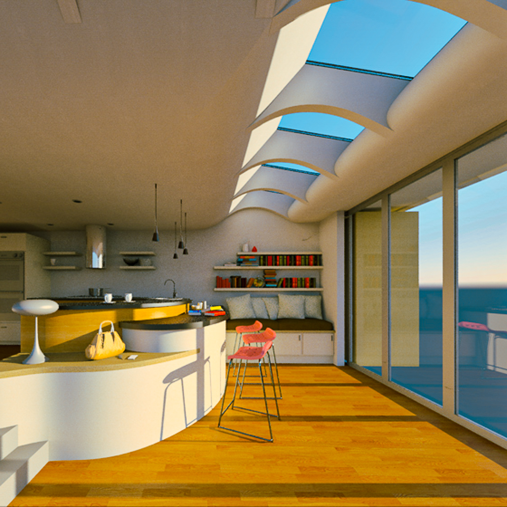 Modern kitchen interior with large skylights, a curved island with stools, wooden floor, shelves with books, and glass doors opening to a balcony.