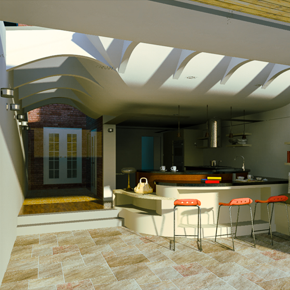 Modern kitchen with a curved ceiling, a large island with bar stools, and a view of double doors leading outside.