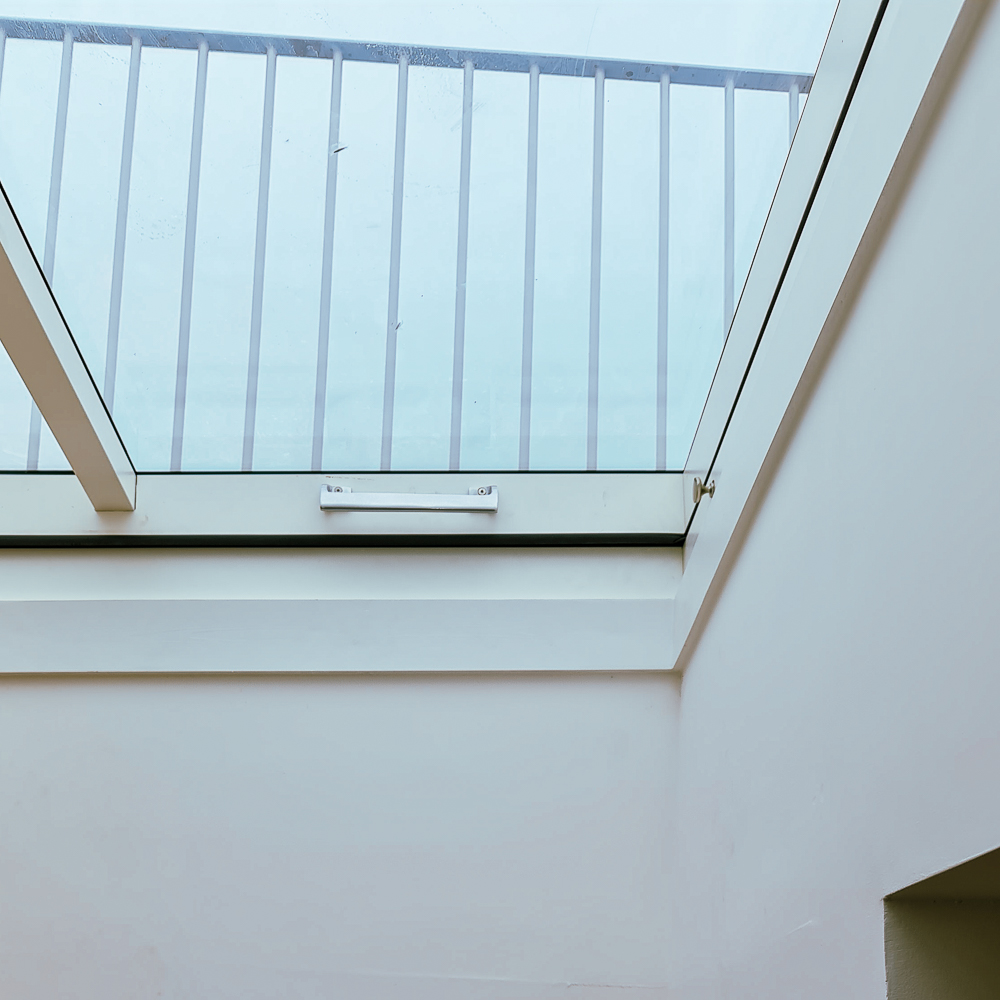 View of a skylight window with a metal railing visible through the glass, set against a light sky.