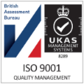 Certification logos for ISO 9001 Quality Management by British Assessment Bureau and UKAS Management Systems.
