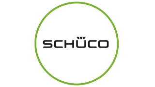 Schuco 320x81 A black "SCHÜCO" logo is centered inside a thin green circle on a white background.