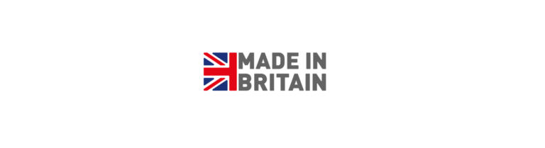 Made in Britain accreditation text with a stylised Union Jack flag on the left, centred on a white background.
