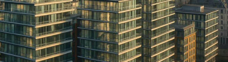 Several modern glass block of flats with balconies are shown closely spaced together in an urban setting during daylight, reflecting updated standards inspired by the Building Safety Act 2022.