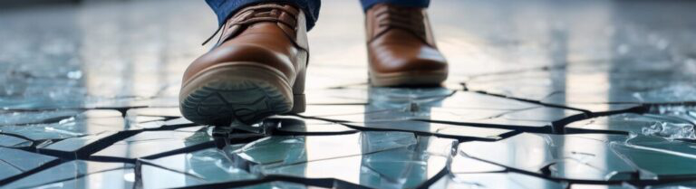 Close-up of a person wearing brown shoes stepping on a floor covered with broken glass splinters.