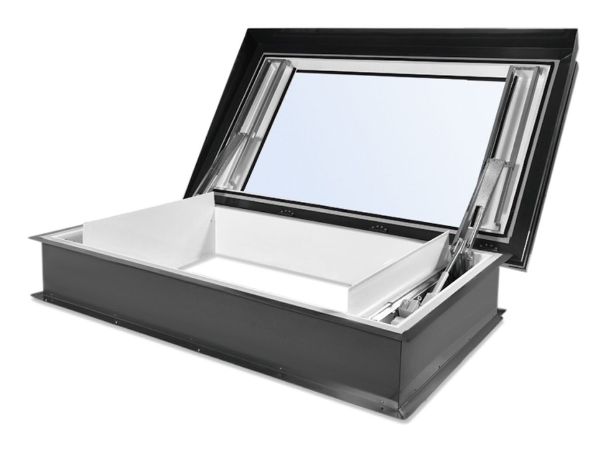 AOV skylight with a hinged, open glass cover and metal frame, shown in a fully open position.