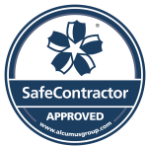 Circular badge with a blue and white flower logo, labelled "SafeContractor APPROVED" and the website "www.alcumusgroup.com" at the bottom.