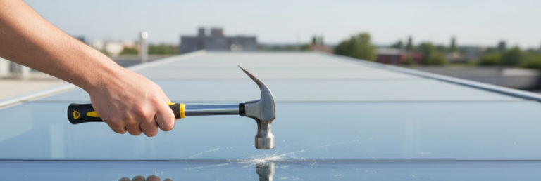 A hand holding a hammer has struck and cracked a large glass surface outdoors, with buildings and sky in the background.